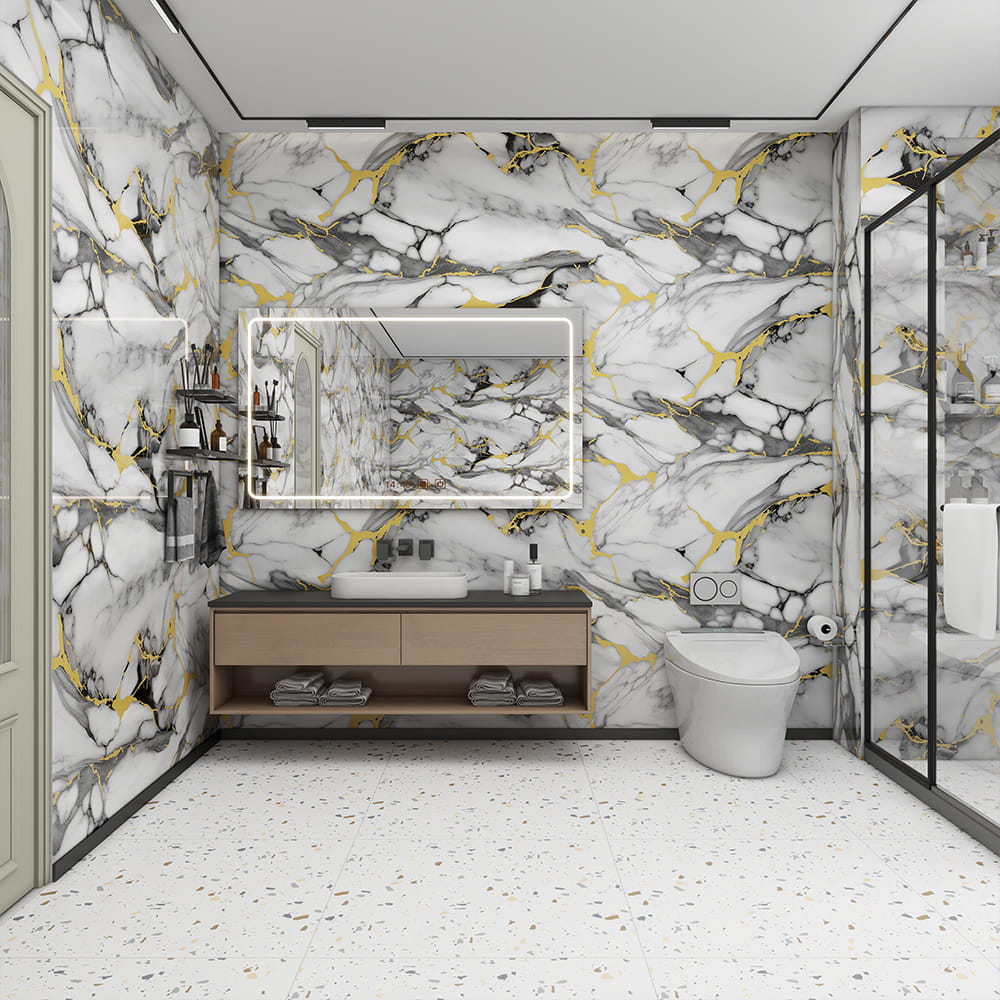 আধুনিক উচ্চ চকচকে মার্বেল ওয়ালপেপার রোল পিভিসি স্ব আঠালো জলরোধী অভ্যন্তরীণ সজ্জা মার্বেল শীট স্টিকার